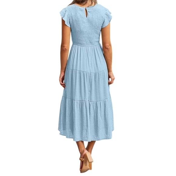 #2NWT Merokeety Light Blue Midi Dress Smocked Top Flutter Sleeves Size Small - Picture 2 of 3